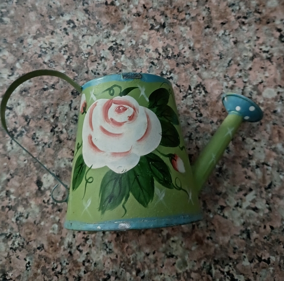 Vintage Ganz Miniature Green Hand-painted Floral Watering Can, 4" Tall - Picture 1 of 5